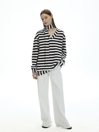 AFTADAWN Colorblock Striped V-neck Knit Embroidered Relaxed Women&