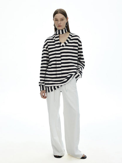 AFTADAWN Colorblock Striped V-neck Knit Embroidered Relaxed Women&