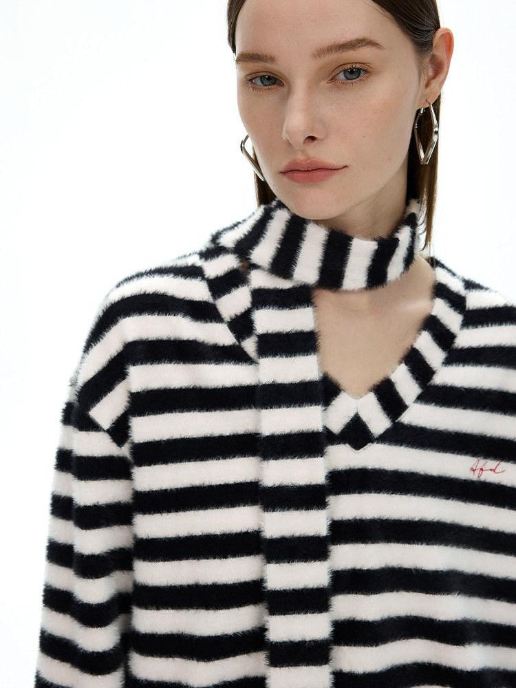 AFTADAWN Colorblock Striped V-neck Knit Embroidered Relaxed Women&