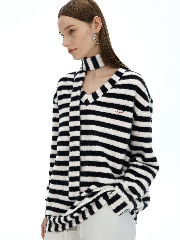 AFTADAWN Colorblock Striped V-neck Knit Embroidered Relaxed Women&