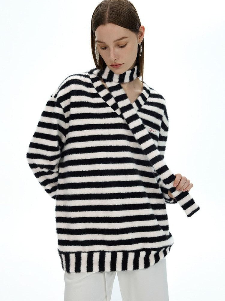 AFTADAWN Colorblock Striped V-neck Knit Embroidered Relaxed Women&