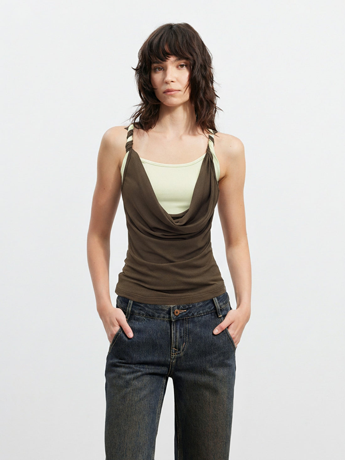 AFTADAWN Colorblock Twisted Knot Straps Faux Layered Women&
