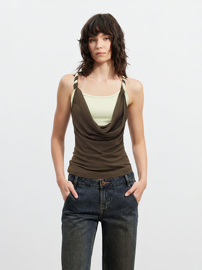 AFTADAWN Colorblock Twisted Knot Straps Faux Layered Women&