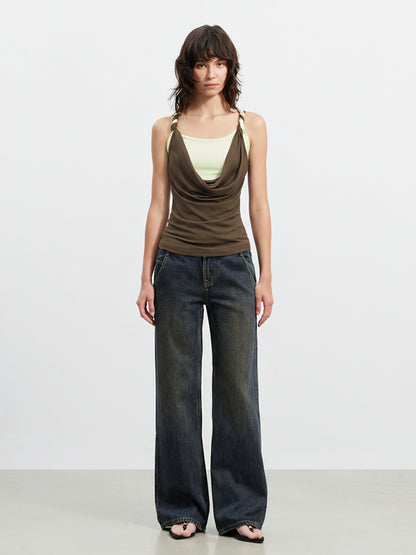 AFTADAWN Colorblock Twisted Knot Straps Faux Layered Women&