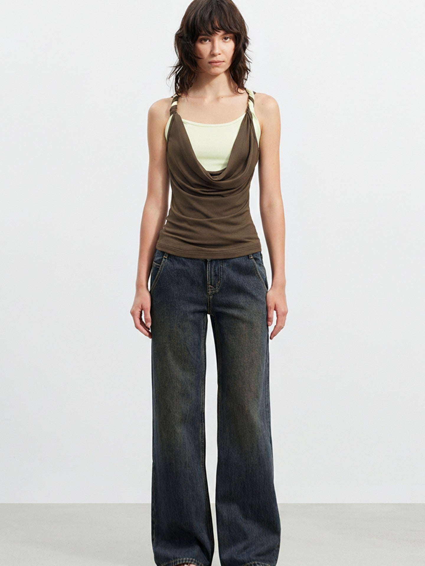 AFTADAWN Colorblock Twisted Knot Straps Faux Layered Women&