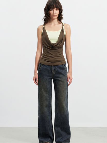 AFTADAWN Colorblock Twisted Knot Straps Faux Layered Women&