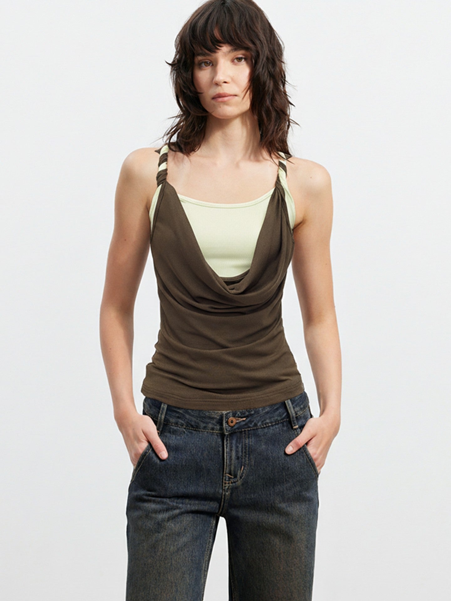 AFTADAWN Colorblock Twisted Knot Straps Faux Layered Women&