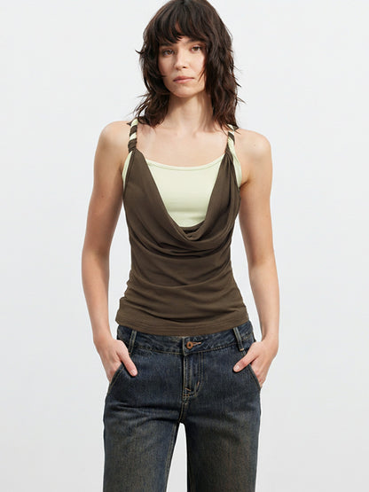 AFTADAWN Colorblock Twisted Knot Straps Faux Layered Women&
