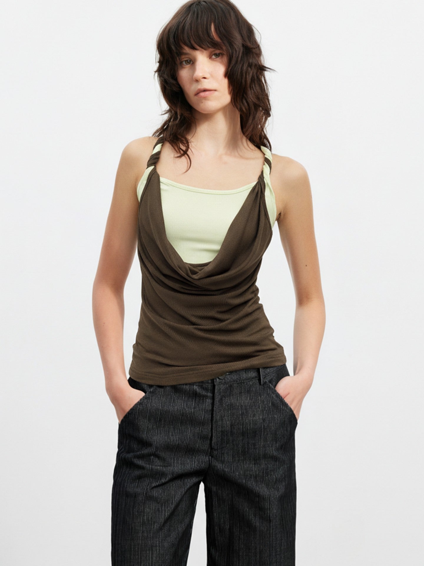 AFTADAWN Colorblock Twisted Knot Straps Faux Layered Women&