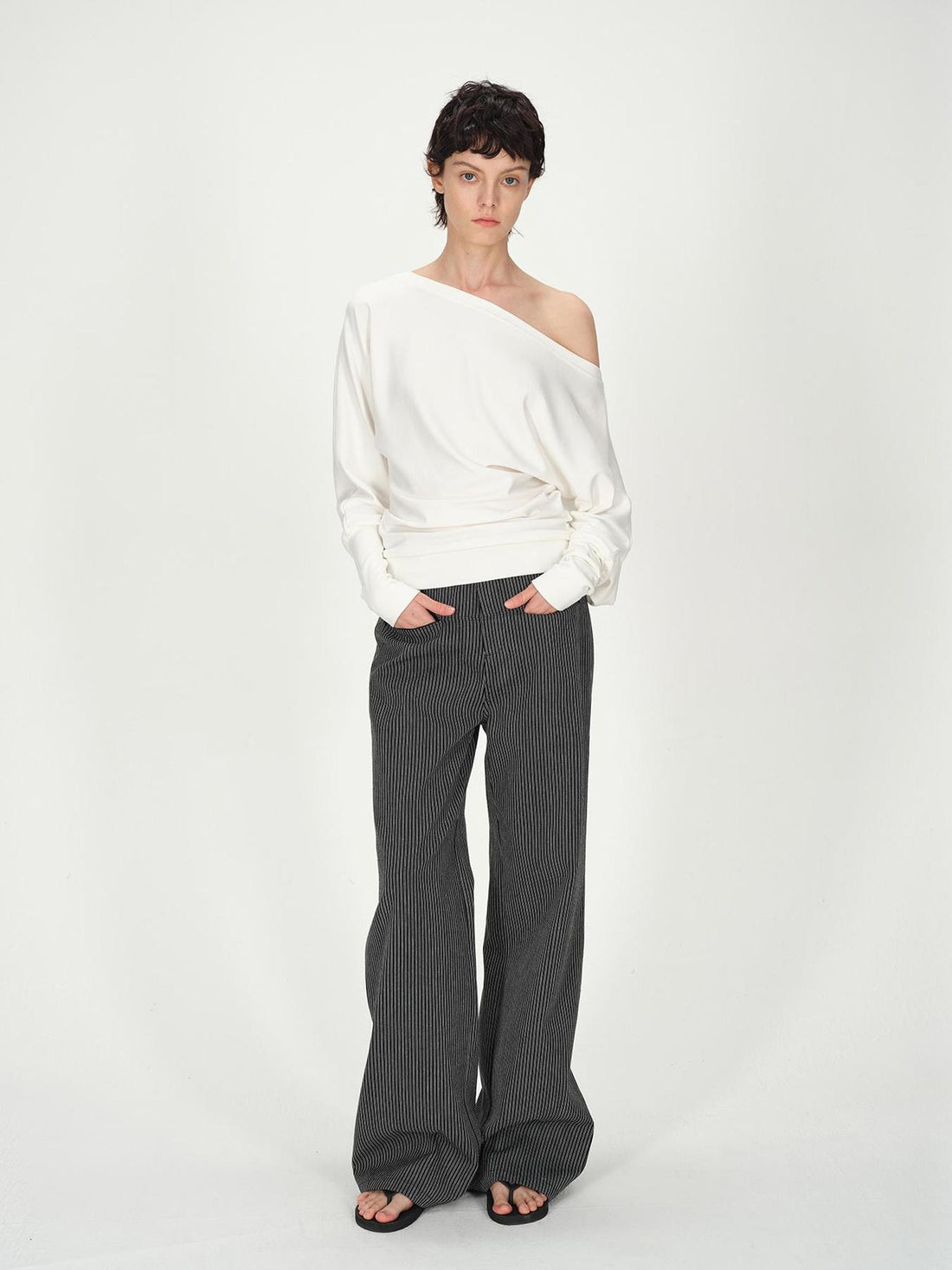 AFTADAWN Combed Siro Yarn Off Shoulder Long Sleeve T-Shirt Layered Fit Top