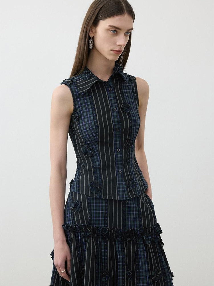 AFTADAWN Contrast Check Patchwork 3d Floral Applique Women&