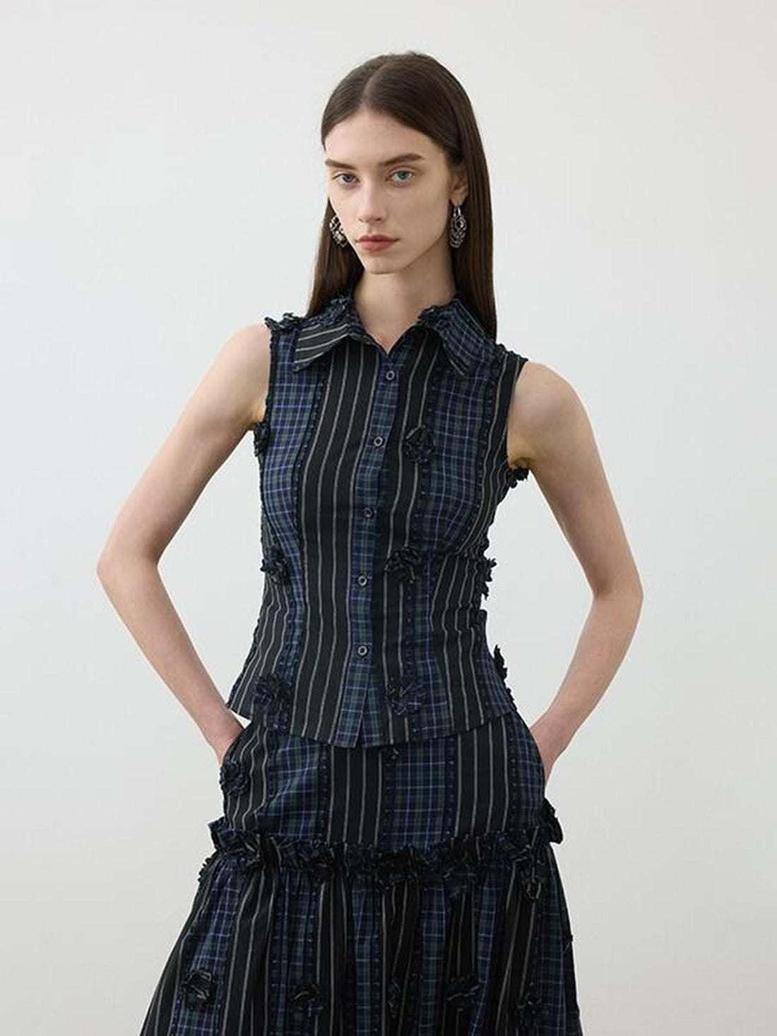AFTADAWN Contrast Check Patchwork 3d Floral Applique Women&
