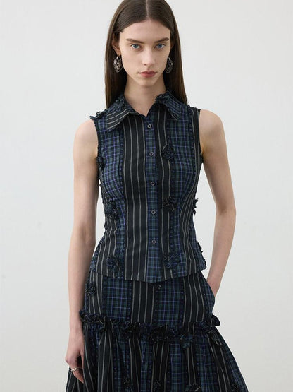 AFTADAWN Contrast Check Patchwork 3d Floral Applique Women&