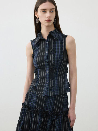 AFTADAWN Contrast Check Patchwork 3d Floral Applique Women&
