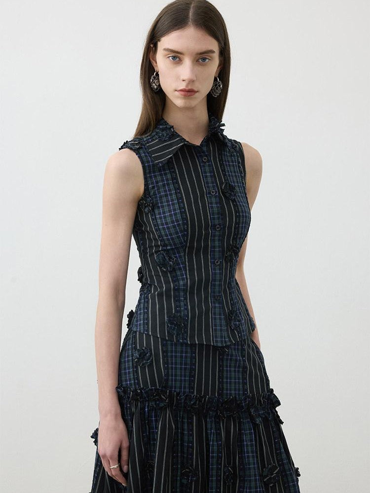 AFTADAWN Contrast Check Patchwork 3d Floral Applique Women&