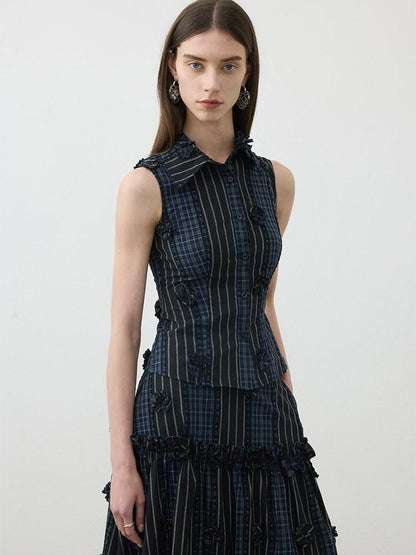 AFTADAWN Contrast Check Patchwork 3d Floral Applique Women&
