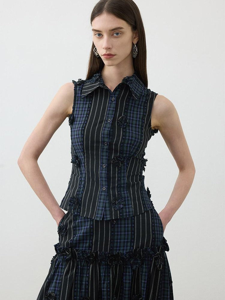 AFTADAWN Contrast Check Patchwork 3d Floral Applique Women&