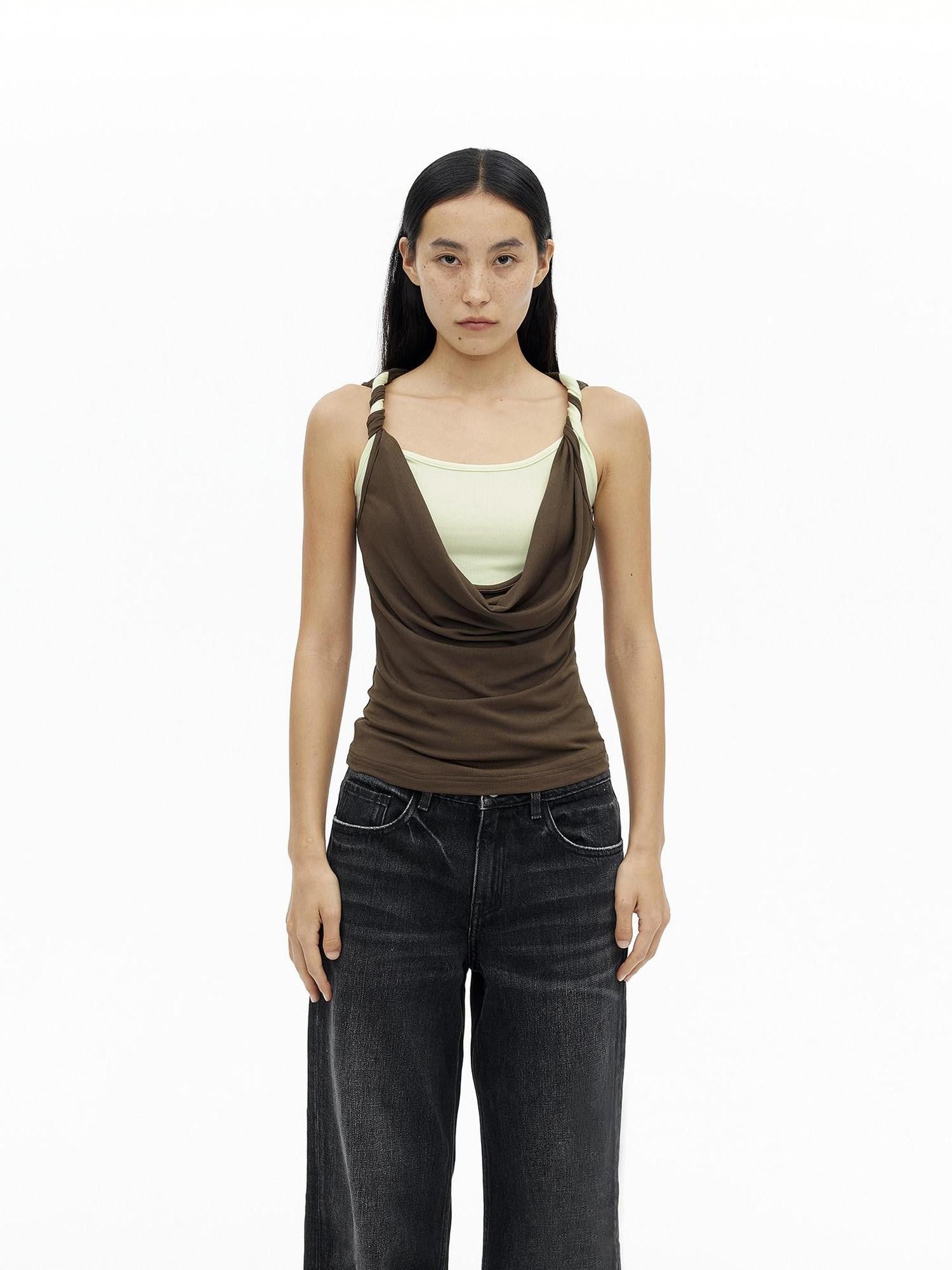 AFTADAWN Contrast Color Twisted Shoulder Strap Two Piece Look Women&