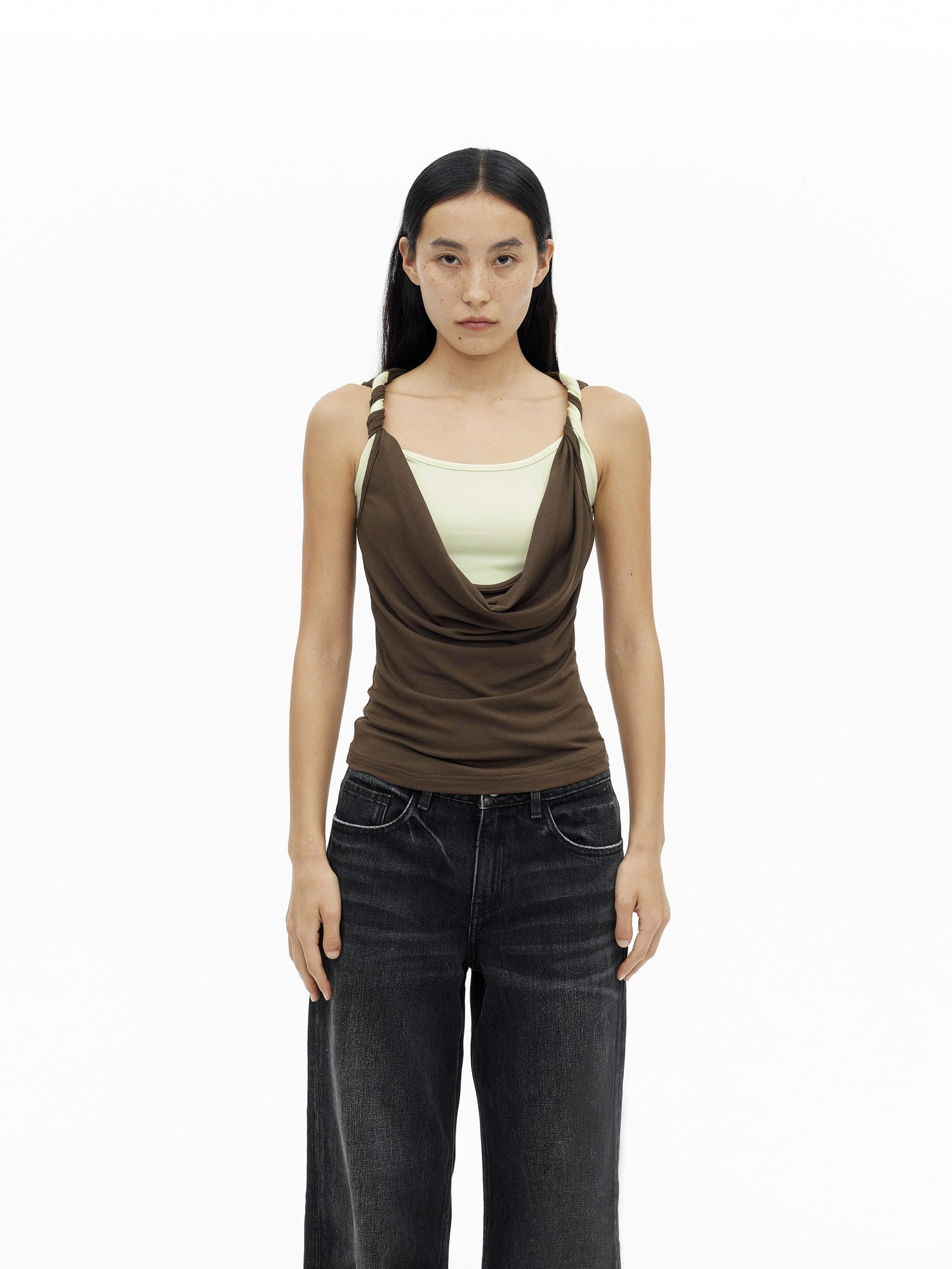 AFTADAWN Contrast Color Twisted Shoulder Strap Two Piece Look Women&