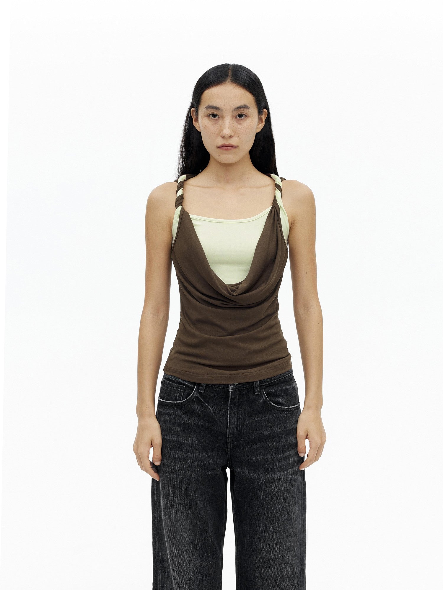 AFTADAWN Contrast Color Twisted Shoulder Strap Two Piece Look Women&