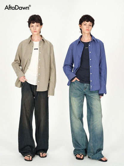AFTADAWN Contrast Fine Check Oversized Button Polo Collar Women&
