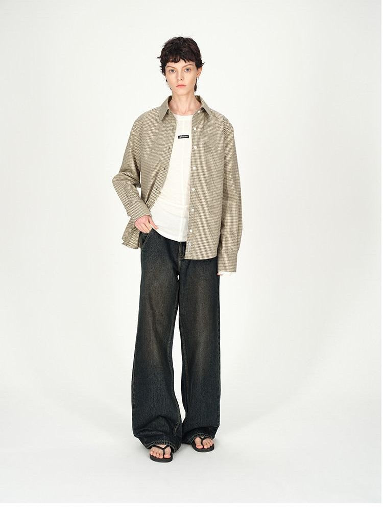 AFTADAWN Contrast Fine Check Oversized Button Polo Collar Women&