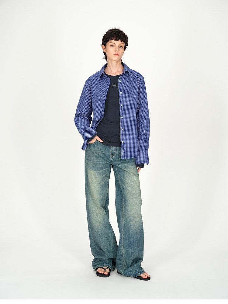 AFTADAWN Contrast Fine Check Oversized Button Polo Collar Women&