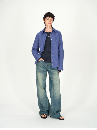 AFTADAWN Contrast Fine Check Oversized Button Polo Collar Women&