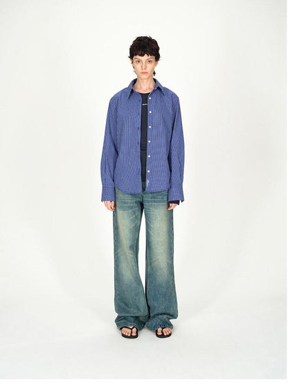 AFTADAWN Contrast Fine Check Oversized Button Polo Collar Women&