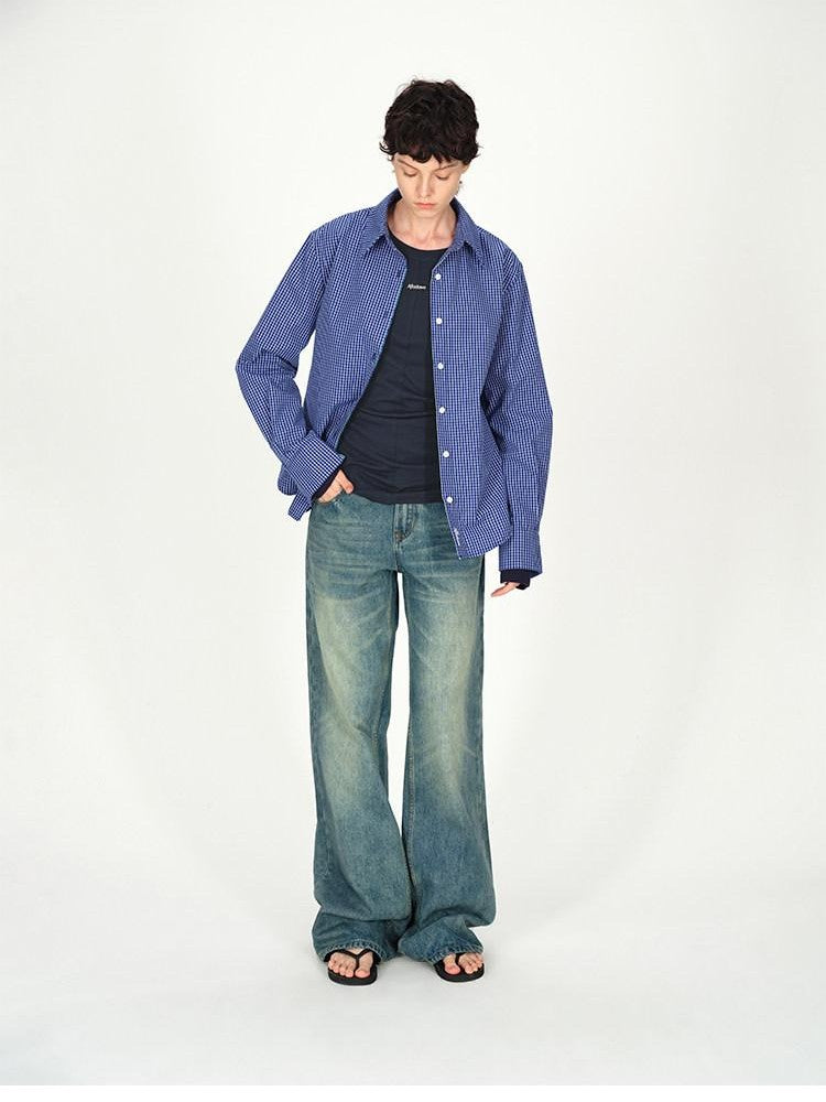 AFTADAWN Contrast Fine Check Oversized Button Polo Collar Women&