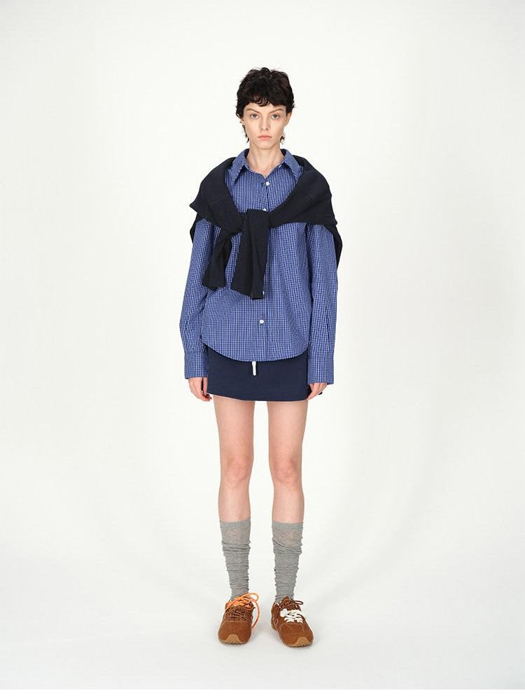 AFTADAWN Contrast Fine Check Oversized Button Polo Collar Women&