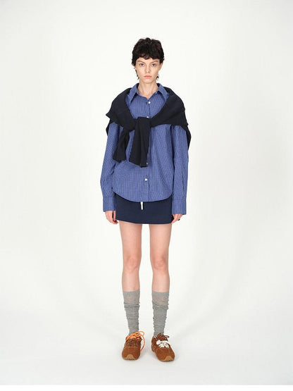 AFTADAWN Contrast Fine Check Oversized Button Polo Collar Women&