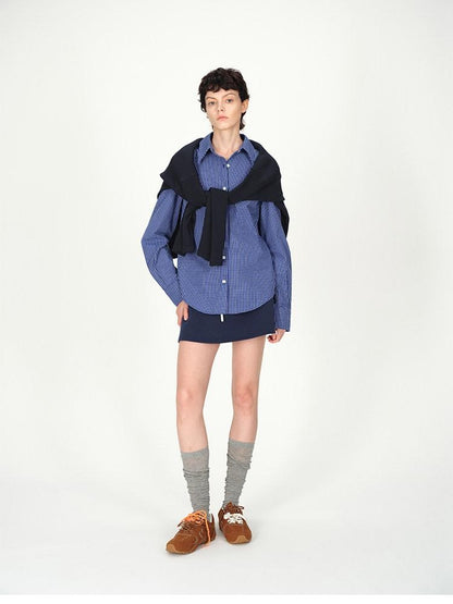 AFTADAWN Contrast Fine Check Oversized Button Polo Collar Women&
