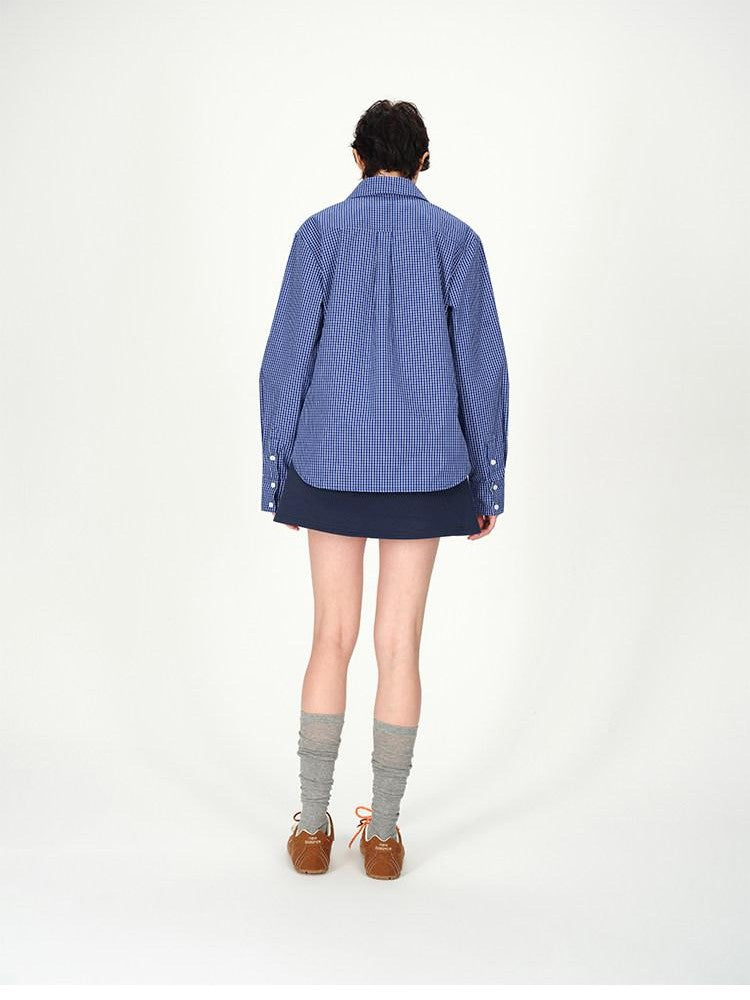 AFTADAWN Contrast Fine Check Oversized Button Polo Collar Women&