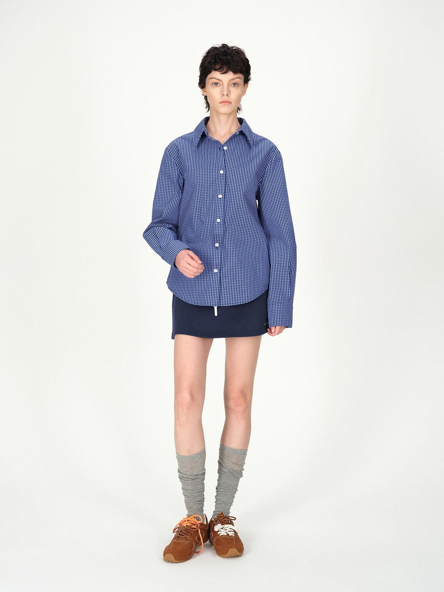 AFTADAWN Contrast Fine Check Oversized Button Polo Collar Women&