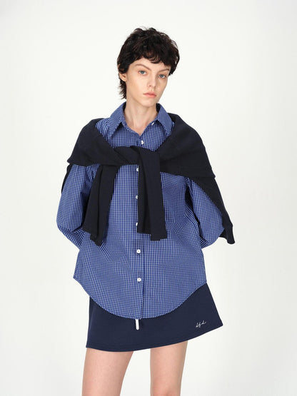 AFTADAWN Contrast Fine Check Oversized Button Polo Collar Women&