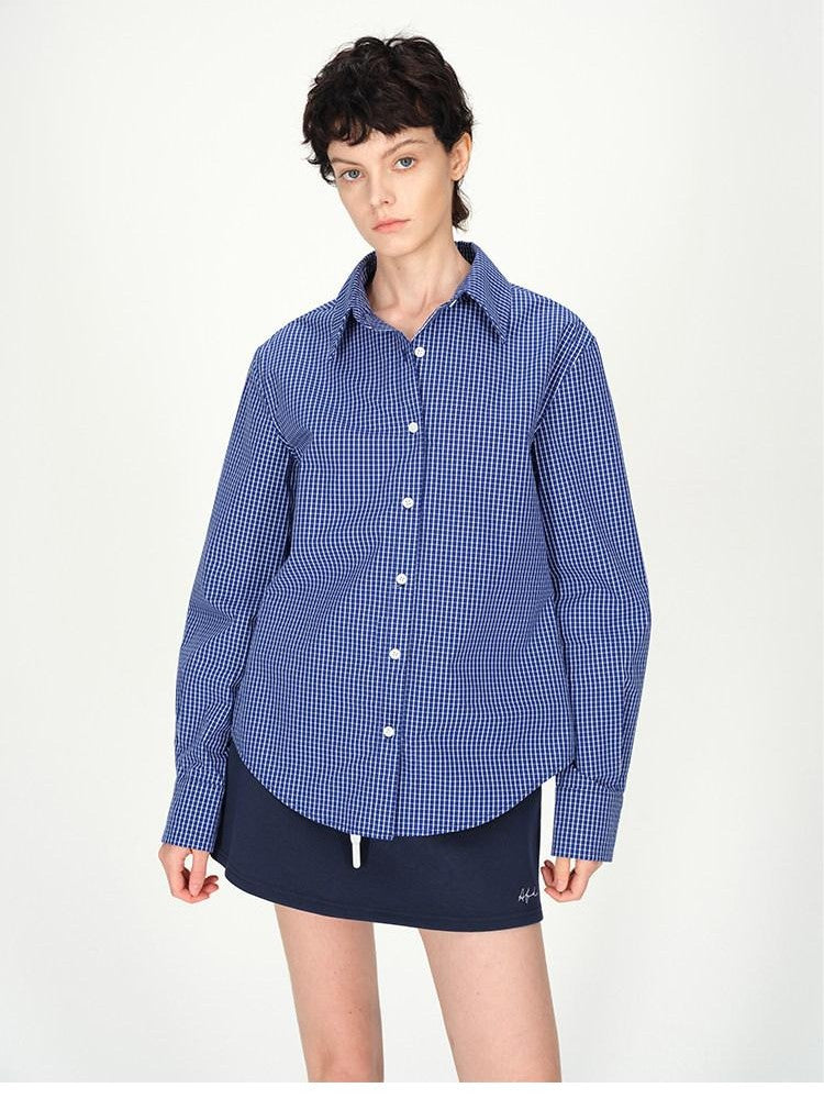 AFTADAWN Contrast Fine Check Oversized Button Polo Collar Women&