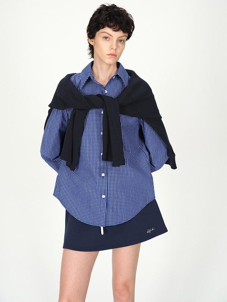 AFTADAWN Contrast Fine Check Oversized Button Polo Collar Women&