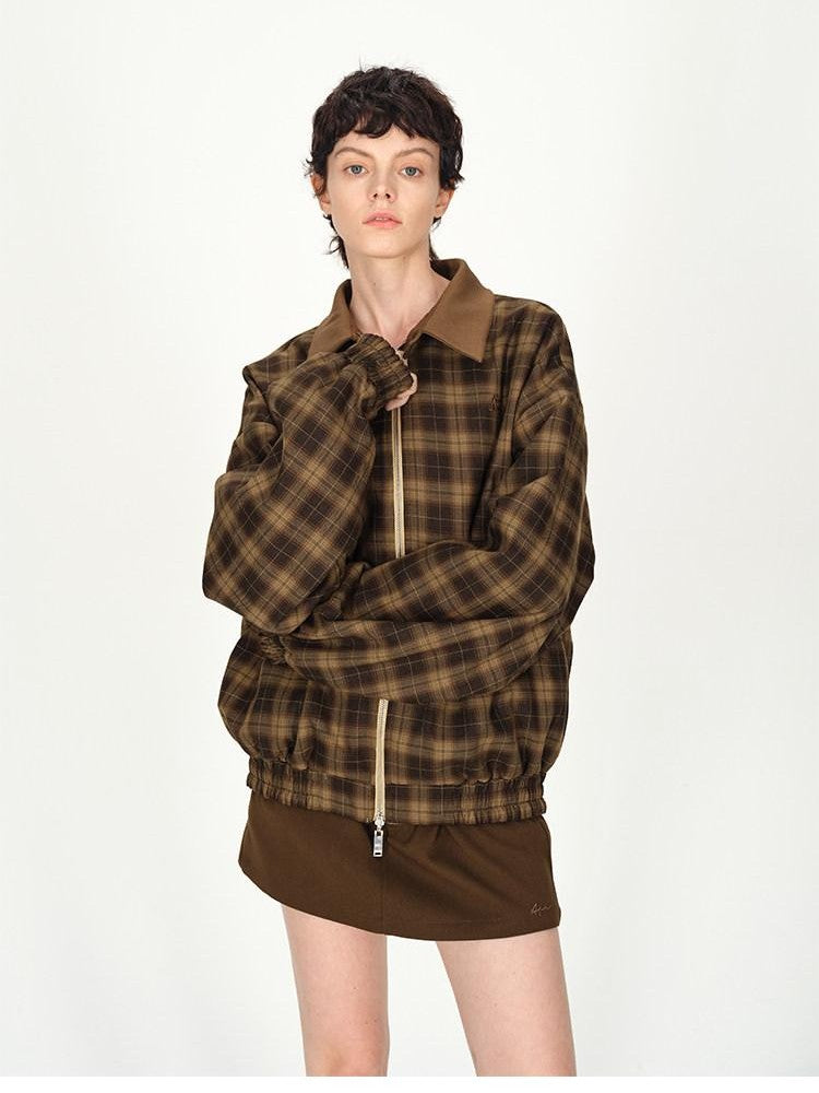 AFTADAWN Contrast Leather Collar Embroidered Reversible Plaid Women&