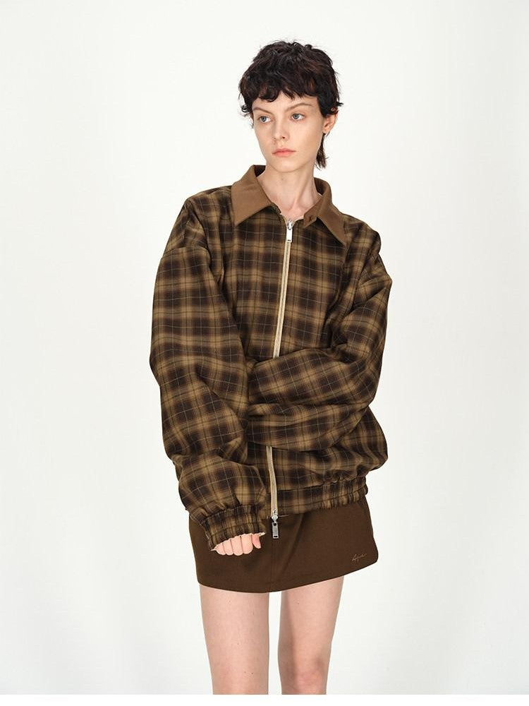 AFTADAWN Contrast Leather Collar Embroidered Reversible Plaid Women&