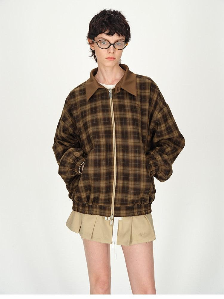 AFTADAWN Contrast Leather Collar Embroidered Reversible Plaid Women&