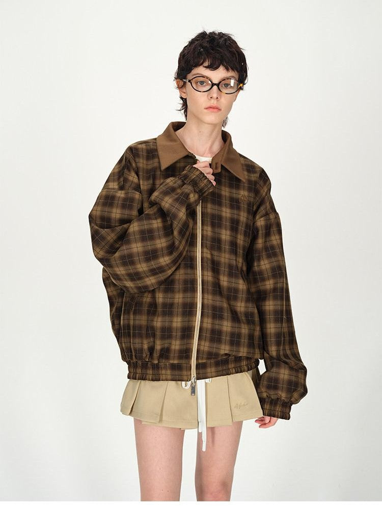 AFTADAWN Contrast Leather Collar Embroidered Reversible Plaid Women&