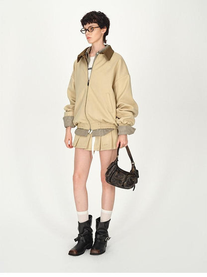 AFTADAWN Contrast Leather Collar Embroidered Reversible Plaid Women&