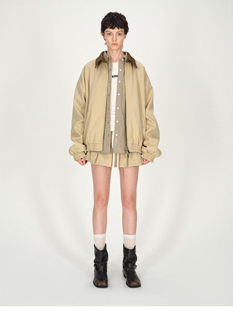 AFTADAWN Contrast Leather Collar Embroidered Reversible Plaid Women&