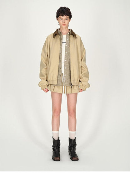 AFTADAWN Contrast Leather Collar Embroidered Reversible Plaid Women&