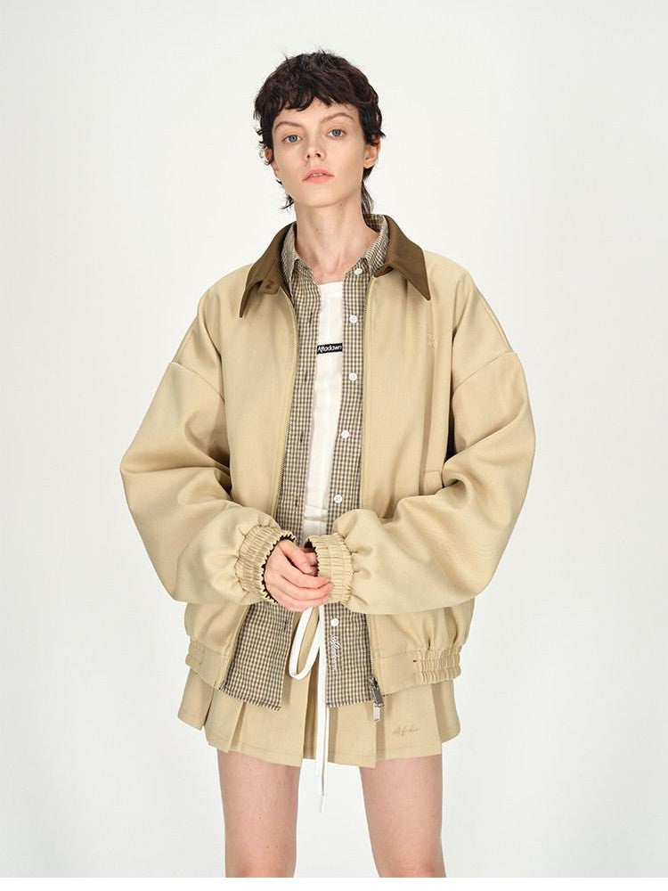 AFTADAWN Contrast Leather Collar Embroidered Reversible Plaid Women&