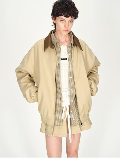 AFTADAWN Contrast Leather Collar Embroidered Reversible Plaid Women&