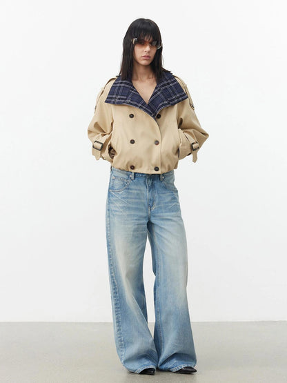 AFTADAWN Contrast Plaid Collar Cropped Trench Coat