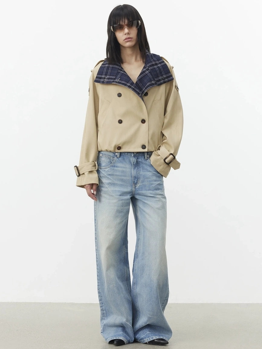 AFTADAWN Contrast Plaid Collar Cropped Trench Coat