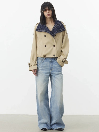 AFTADAWN Contrast Plaid Collar Cropped Trench Coat